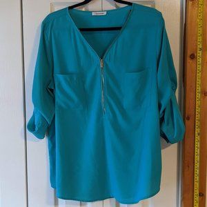 Calvin Klein two pocket turquois blouse w. gold zipper sz XL